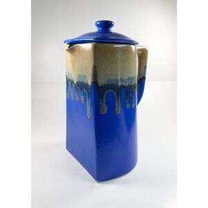 Rodolfo Padilla 1980  Pottery Coffee Pot & Lid Blue Tan Drip Glaze Signed 10"